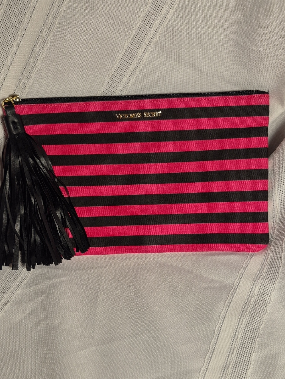 NWOT Victoria's Secret Hot Pink & Black Striped Tassel Pouch